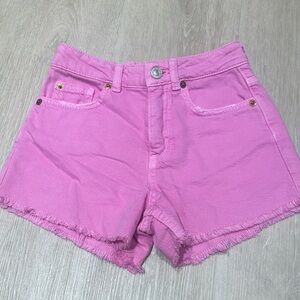 Zara Bright Pink Frayed-Hem Denim Shorts